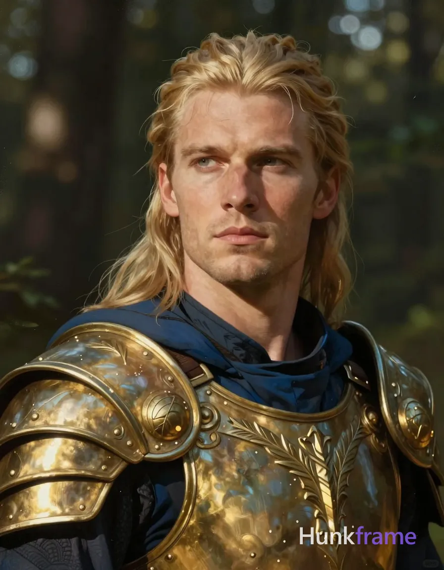 Adult light-skinned man with fair warm undertones, long blonde hair swept back and tousled framing the face, clean-shaven. Upper torso portrait centered in frame, shoulders relaxed turned slightly left, calm direct gaze. Ornate golden-brown armor with embossed leaf motifs on pauldrons and breastplate, dark blue high-collared garment visible beneath at neck and chest. Artistic partial nude adult exposure of neck only. Outdoor forest setting with blurred foliage background, dappled sunlight filtering through leaves from upper left. Dramatic directional lighting casting soft shadows on skin and armor textures. Fine-art illustration style with soft painterly textures, high detail on facial features and metallic sheen. Muted greens browns palette against deep blue collar accents., a single uninterrupted photograph only, no written words or typography anywhere in frame, no captions, no app UI, no social-media post layout, no screenshot borders
