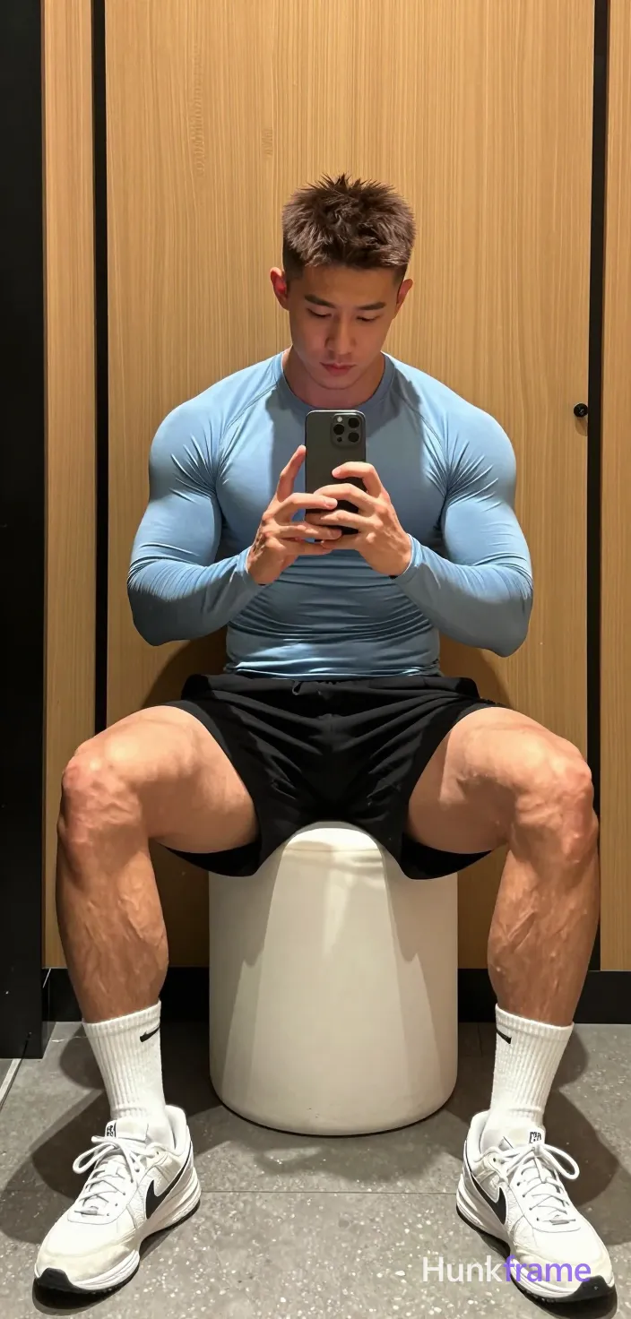 Asian man with light to medium tan skin and short dark brown hair featuring textured top and faded sides, clean-shaven chin with light upper lip stubble; He sits on a white cylindrical stool in an indoor dressing room, legs spread apart, torso upright leaning forward toward a tall narrow black-framed mirror reflection against wooden paneling; Wearing a snug light blue long-sleeve compression shirt highlighting defined pectorals and abdominal muscles, black athletic shorts ending mid-thigh revealing full leg length including thick thighs and well-defined calves, white crew socks pulled to mid-calf height on both feet, white athletic sneakers with dark laces holding the phone at chest level; Dramatic directional light sculpts his physique emphasizing broad shoulders and meaty chest definition while even illumination highlights muscle structure without harsh contrast; Clean composition centered within mirror frame showing full-body reflection; natural skin tones with slight compression fabric sheen, same aesthetic theme and photo feel as the reference but a different man in a different pose with distinct body proportions; single clean uninterrupted photograph with a cohesive editorial composition and plain continuous surrounding surfaces