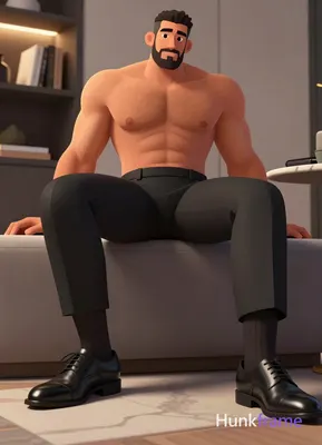 Adult masculine man with thick thighs, lower-body POV shot seated on a grey upho