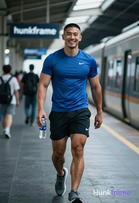 Asian man with short dark buzz cut and light stubble on upper lip, smiling broadly walking forward o