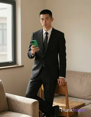 an anonymous figure man with short black buzz cut and clean-shaven face, neutral serious gaze direct