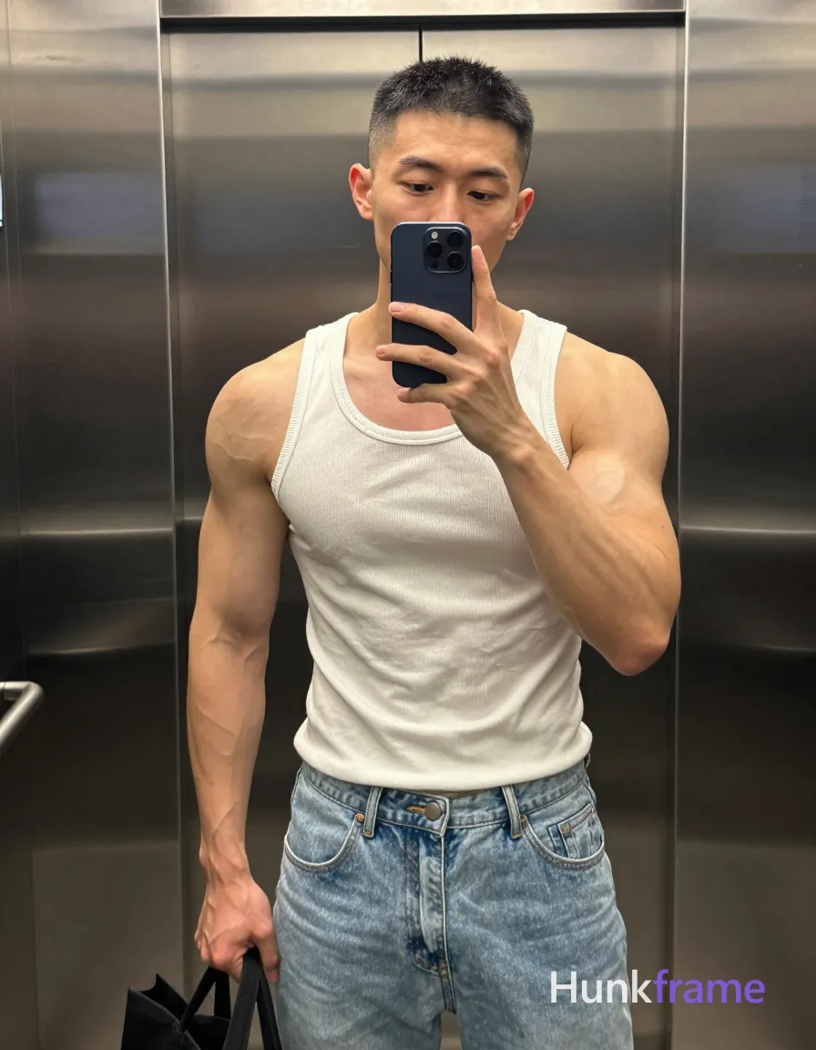 Asian man with short black buzz cut and slight upper lip stubble, highly muscular build with prominent arm vascularity; Standing upright facing slightly left in an elevator mirror reflection, right hand holding dark blue smartphone against cheek for selfie, left hand gripping black tote bag handle at hip level; Wearing white ribbed muscle tank top exposing bare shoulders and deltoids, light-wash denim jeans with button fly; Vertical full-body crop from head to mid-thighs; Soft ambient indoor lighting highlights skin texture on brushed stainless steel walls; Naturalistic smartphone color grading, confident homoerotic aesthetic, shot on iPhone 15 Pro main camera, authentic smartphone computational photography, natural Smart HDR and true-to-life skin texture, vertical 9:16 Xiaohongshu lifestyle feed, bright clean everyday scene, unretouched phone photo with subtle sensor grain, trendy Chinese internet 网红 aesthetic, candid influencer energy, phone held naturally in one hand for selfie, phone visible in frame; single clean uninterrupted photograph with a cohesive editorial composition and plain continuous surrounding surfaces