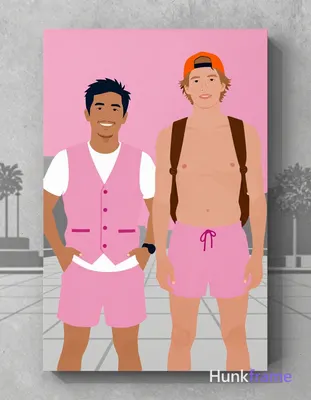 Bold flat-color wall art poster of two Asian men standing side-by-side in an urban plaza. High-contr