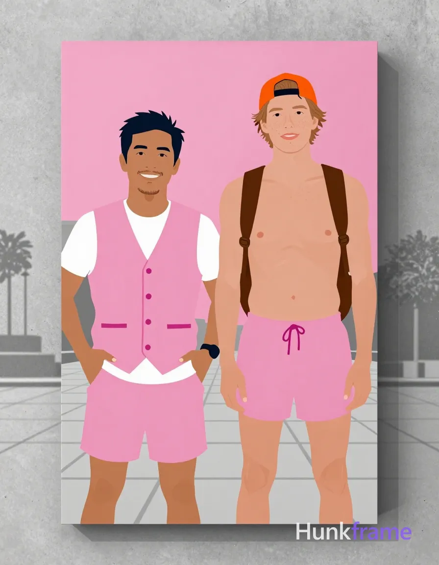 Bold flat-color wall art poster of two Asian men standing side-by-side in an urban plaza. High-contrast color blocking with clean vector lines: pink short-sleeved button-up vest over white t-shirt for man left, hands on waist; matching pink shorts and brown backpack straps for man right wearing orange cap backward. Medium skin tone, light beard and mustache smiling at camera. Vertical 13:19 aspect ratio, bright saturated palette against gray concrete tones with shallow depth of field effect applied as graphic design element., same aesthetic theme and photo feel as the reference but a different man in a different pose with distinct body proportions, Northern European man, light freckled skin, dirty blond hair, tall lanky runner frame, a single uninterrupted photograph only, no written words or typography anywhere in frame, no captions, no app UI, no social-media post layout, no screenshot borders