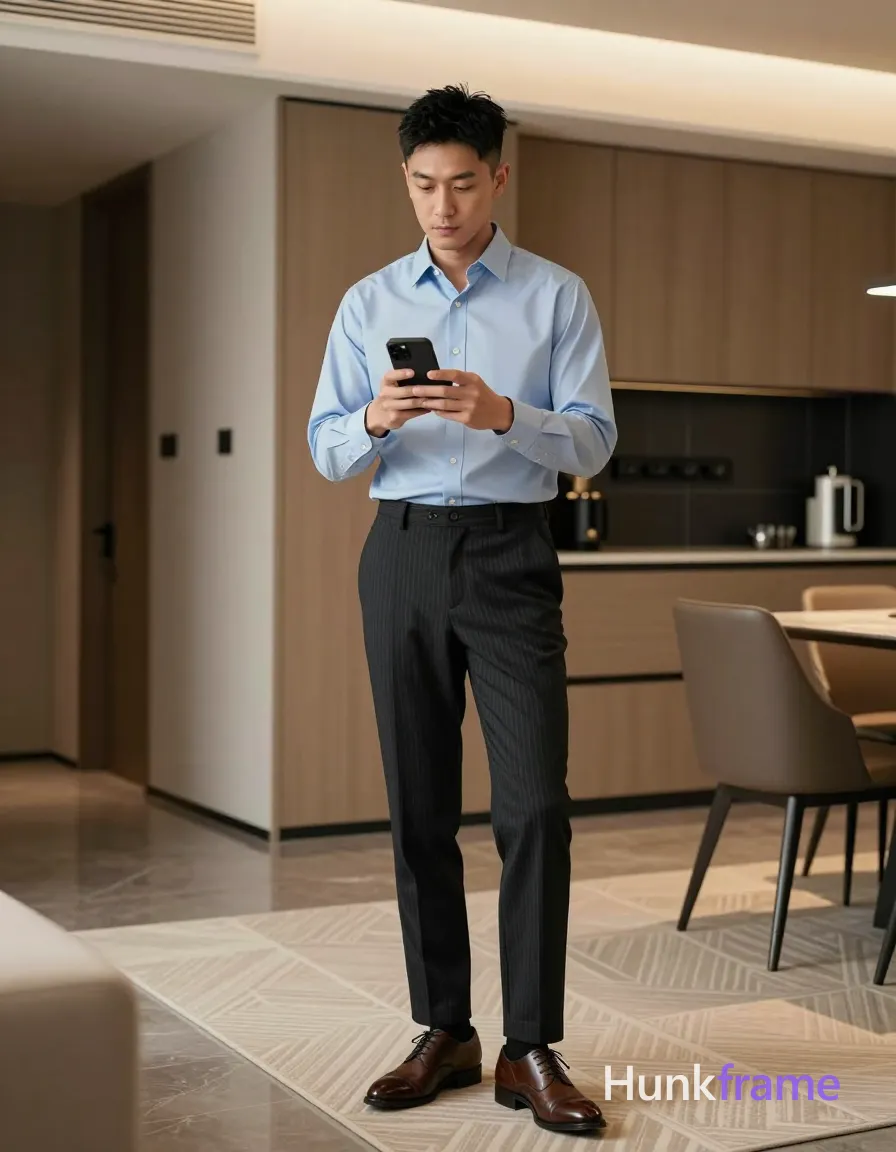 Asian man, light-medium skin, short black hair textured top faded sides clean neckline, clean-shaven face focused neutral expression viewing phone screen; Standing casually in modern apartment holding black smartphone both hands chest level thumb on screen taking selfie or reviewing photo; Wearing light blue long-sleeve button-down shirt top 2-3 buttons undone, dark pinstripe trousers, black dress socks, brown leather cap-toe oxford shoes; Full-body shot from knees up to head center-right composition; Modern apartment with light wood cabinetry dark tiled backsplash beige geometric rug contemporary furniture; Soft ambient indoor lighting warm highlights face and shirt overhead source; Clean lines minimalist interior design high-end fashion editorial aesthetic calm composed sophisticated mood portrait orientation; single clean uninterrupted photograph with a cohesive editorial composition and plain continuous surrounding surfaces