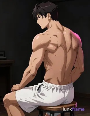 Polished anime 2.5D next-gen game art of an adult masculine man, shirtless and seated on a wooden st
