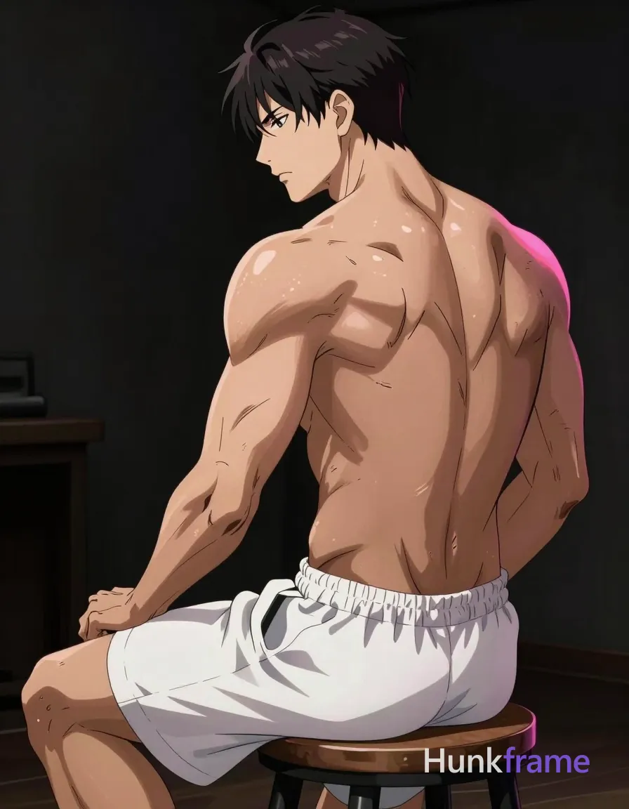 Polished anime 2.5D next-gen game art of an adult masculine man, shirtless and seated on a wooden stool viewed from behind-left; Head turned slightly to viewer's right in profile with neutral contemplative gaze directed downward and to the side; Left hand resting on thigh near hip; right arm bent with forearm against side of body; Wearing white loose-fitting shorts with elastic waistband and drawstring detail at front center exposing entire back from neck to waistline, shoulders, upper arms, lower abdomen along side seams; Sculpted physique featuring defined latissimus dorsi and trapezius muscles, prominent shoulder definition, visible abdominal musculature along lower torso; Short dark hair slightly tousled at crown and nape; clean-shaven chin and jawline smooth under lighting; High contrast moody chiaroscuro fine-art editorial aesthetic with strong directional pink rim light from rear-right casting highlights on spine, shoulders, and hair edge; Soft fill from front-left creating subtle shadows across back muscles in a dark indistinct indoor studio setting; single clean uninterrupted artwork with a cohesive composition and plain continuous surrounding surfaces