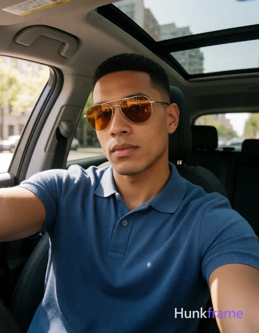 an anonymous figure man with light-medium skin and a short buzz cut featuring black textured top layer, wearing gold-rimmed aviator sunglasses with reflective amber lenses resting on the nose bridge; He is seated in the driver's seat of a car, leaning back against the headrest while extending his left arm outward holding an invisible device for a selfie angle; Dressed in a blue short-sleeved polo shirt with buttoned placket and single visible button, fully clothed adult torso showing broad shoulders and defined collarbones; Portrait crop from chest up to forehead, center-left composition occupying majority of frame, head slightly tilted toward camera; Interior of modern vehicle during daylight hours with sunroof open revealing sky above; city street visible through windows with trees and buildings in distance; Natural sunlight streaming from left side creating soft shadows on right cheek and neck; High-resolution smartphone photography with slightly warm white balance and shallow depth of field blurring background street scene, conveying confident athletic strength; The adult man visibly wears gold-rimmed; single clean uninterrupted photograph with a cohesive editorial composition and plain continuous surrounding surfaces