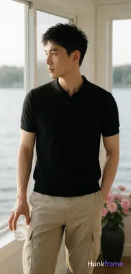 Asian man standing casually in a sunlit room with large windows overlooking water, lean build with s