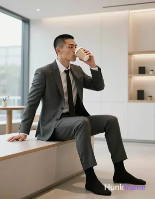 Asian man with short buzz cut and clean-shaven face in profile, drinking from beige cup while seated