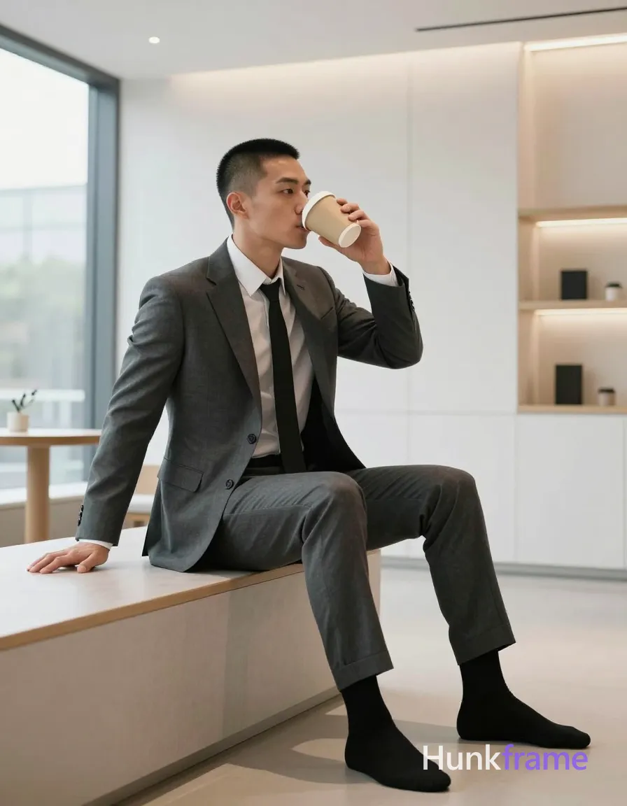 Asian man with short buzz cut and clean-shaven face in profile, drinking from beige cup while seated sideways on light-colored bench; He wears a dark grey tailored single-breasted suit jacket over an open white dress shirt exposing upper chest and collarbone, paired with matching slim-fit trousers revealing thick thighs under the fabric; Black tie loosely knotted at neck; black socks cover lower legs; Full-body low-angle shot from center-left facing right in modern interior lounge with large windows and recessed lighting; Soft ambient daylight enters left side against white paneled walls and built-in shelving; Clean lines, minimalist decor, professional fashion photography style, sophisticated mood, 13:19 vertical portrait; single clean uninterrupted photograph with a cohesive editorial composition and plain continuous surrounding surfaces