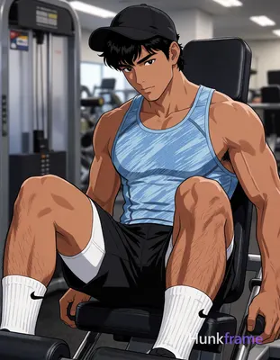 Asian man with short black straight hair and clean-shaven face, seated on gym leg press equipment in