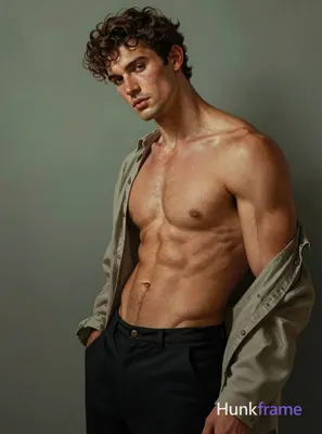A digital painting of a shirtless man with a muscular torso leaning slightly to 