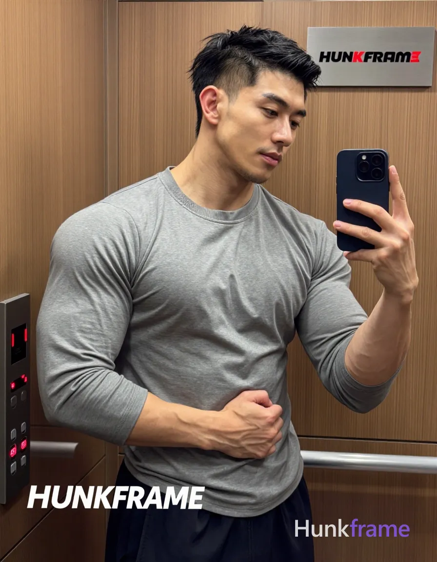 Asian man with short buzz cut, dark brown/black textured top and faded sides, clean-shaven face with light chin stubble; He wears a fitted heather grey long-sleeve crewneck t-shirt showing broad shoulders, defined pectorals, toned biceps, and visible abdominal definition; Standing facing slightly right in an elevator interior with wood-paneled walls and stainless steel controls displaying red LED 'HUNKFRAME'; Holding dark blue smartphone with left hand for mirror selfie; right arm bent across chest with fist loosely clenched near waistline; Overhead recessed lighting casts soft shadows on light-medium skin tone; Vertical portrait composition, chest-to-thigh crop in reflection; FULL TEXT REPLACEMENT: remove every original source word, sentence, slogan, logo, and partial spelling from the text-bearing area, then replace it with only the wordmark, spelled exactly "HUNKFRAME" on the sign in the composition; This is replacement; Preserve appropriate typography and scale; No other visible text, logo, caption, username, hashtag, comment, watermark, or UI chrome, shot on iPhone 15 Pro main camera, authentic smartphone computational photography, natural Smart HDR; single clean uninterrupted photograph with a cohesive editorial composition and plain continuous surrounding surfaces