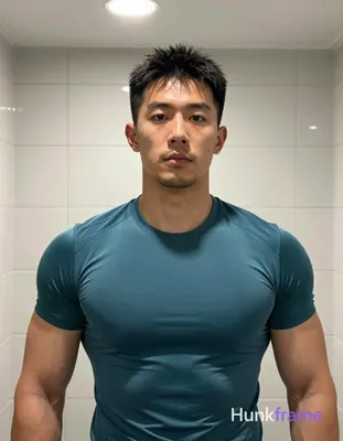 Asian man with short black textured hair and stubble beard stands facing camera in a tiled indoor ba