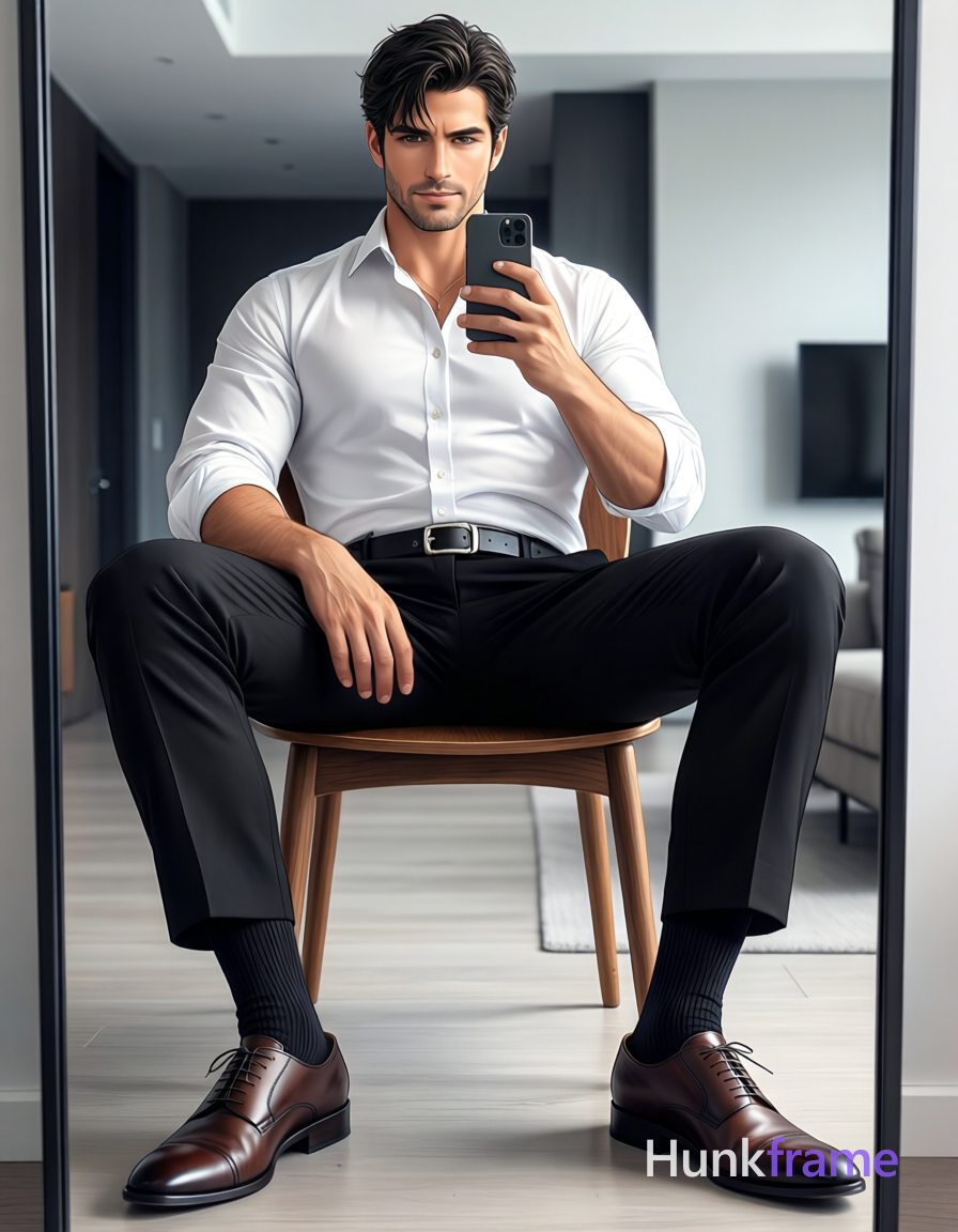 Full-body mirror selfie of an adult man with light-medium skin and short dark ha