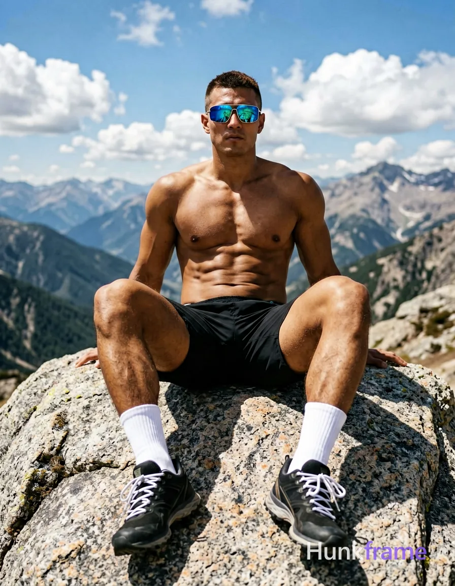 Hispanic or latino man, tanned skin, short dark brown buzz cut with no parting, wearing reflective blue-tinted wraparound sunglasses on face; Seated upright on large granite rock outcrop leaning back against hands behind hips, legs extended forward knees bent at 90 degrees feet resting on lower slope shirtless bare chest abdomen shoulders arms broad shoulders defined pectorals six-pack abs thick thighs black athletic shorts mid-thigh white crew socks ankle bone black trail running shoes with white laces; High alpine ridge overlooking valley and distant peaks under blue sky scattered cumulus clouds bright natural sunlight from upper left casting strong shadows wide-angle perspective shallow depth of field high dynamic range fine-art photography dramatic lighting adventurous confident serene mood 7:4 aspect ratio horizontal landscape orientation The adult man visibly wears wearing reflective blue-tinted sunglasses with thin metallic frames, wraparound style covering eye region completely on his face; preserve the exact frame shape, rim style, color, material, and lens tint; securely fitted underwear or swim trunks with complete frontal; single clean uninterrupted photograph with a cohesive editorial composition and plain continuous surrounding surfaces