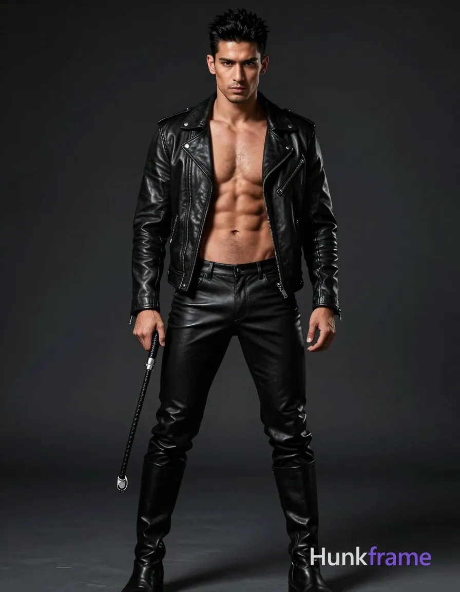 A handsome Asian man with medium-dark skin and short black hair stands full-body against a dark studio backdrop. He wears an open black leather jacket revealing bare chest, tight leather pants, and knee-high boots while holding a whip near his hip. Dramatic high-contrast lighting highlights defined pectorals, abs, and thick thighs in sharp focus on textures., same aesthetic theme and photo feel as the reference but a different man in a different pose with distinct body proportions, Turkish man, olive skin, aquiline nose, lean hairy chest editorial look, a single uninterrupted photograph only, no written words or typography anywhere in frame, no captions, no app UI, no social-media post layout, no screenshot borders