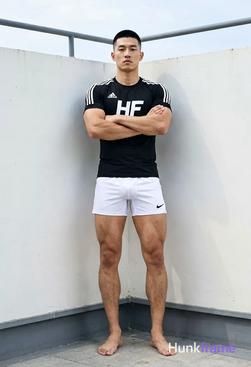 Asian man with short black buzz cut and clean-shaven face, standing leaning against a white concrete corner wall in an outdoor rooftop setting. He wears a fitted black an anonymous figure home jersey with white Adidas stripes on shoulders and 'HF' sponsor text across chest, paired with white athletic shorts featuring a small black Nike swoosh on the lower left leg. Arms crossed tightly over his broad shoulders; weight shifted slightly to left leg while right foot is flat and left foot angled outward. Full-body shot from head to feet with slight upward angle, centered vertically occupying middle third of frame horizontally. Bright natural daylight creates soft shadows against diffused sunlight, highlighting thick muscular legs with defined quadriceps and hamstrings under the jersey. Minimalist background with high contrast between dark fabric and white surroundings, metallic gray railing overhead against bright sky. Clean composition emphasizing sculpted masculine physique in athletic gym photography. FULL GARMENT TEXT REPLACEMENT: remove every source garment word, sentence, slogan, logo, and partial brand spelling from every existing print area, then replace those source marks with only the wordmark, spelled exactly "HF". This is replacement, never addition: no original source letters may remain beside or behind it. Repeated "HF" marks are allowed only where the source garment already had printed text; preserve appropriate placement, typography, color, and scale. No other visible text, logo, caption, username, hashtag, comment, watermark, or UI chrome., same aesthetic theme and photo feel as the reference but a different man in a different pose with distinct body proportions, German man, fair skin, strong brow ridge, lean cyclist legs, wearing underwear or swim trunks, covered genitals, no frontal nudity, a single uninterrupted photograph only, no written words or typography anywhere in frame, no captions, no app UI, no social-media post layout, no screenshot borders