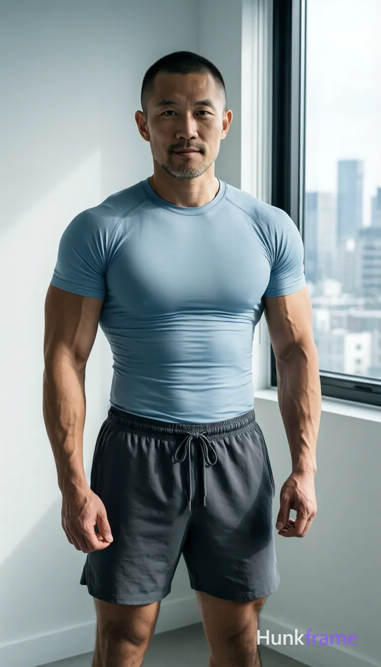 Asian man with short buzz cut and light stubble stands upright facing camera, slight forward lean in high-resolution fashion editorial; He wears a light blue fitted compression-style t-shirt covering torso completely and dark grey drawstring athletic shorts reaching mid-thighs; Broad shoulders, defined pectorals, vascular forearms visible against plain white wall background with large window showing cityscape to right side of frame; Natural daylight creates soft directional shadows on left face and body; Cool greys and blues palette, minimalist indoor setting, vertical portrait orientation 13:19 aspect ratio; single clean uninterrupted photograph with a cohesive editorial composition and plain continuous surrounding surfaces