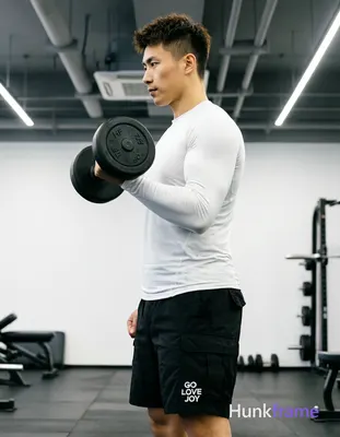 Asian man with short textured dark brown crop hair, clean-shaven face, focused neutral expression st