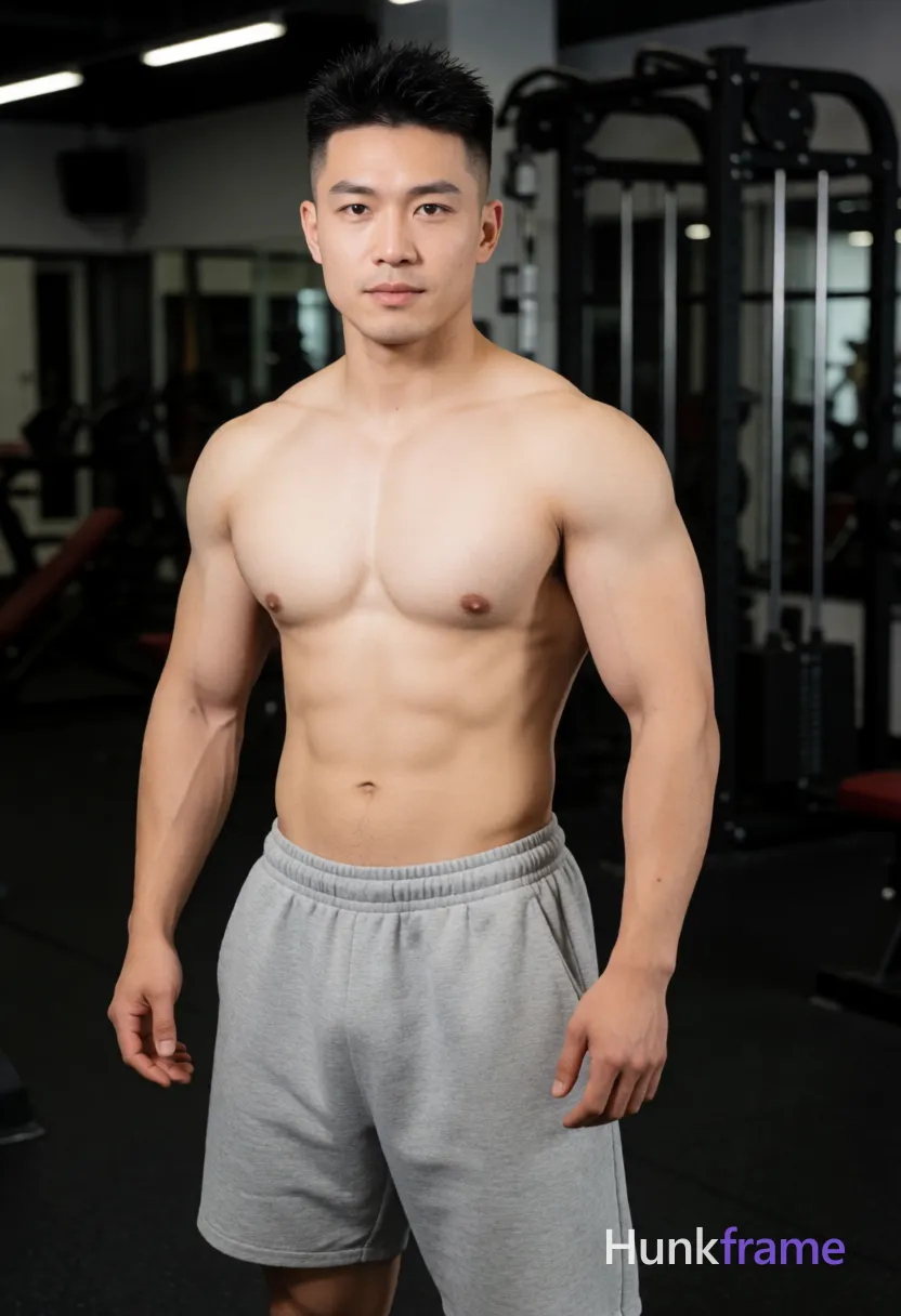 Photograph of exactly 1 adult man. Man 1: Asian, light tan, square jawline with defined cheekbones and a straight nose bridge, short, spiky black hair with faded sides (undercut style), small mole above left nipple. Man 1 has fully exposed eyes, eyebrows, temples and nose bridge. Highly muscular Asian man with broad shoulders, defined pectorals. Standing shirtless pulling grey sweatpants down to expose lower abdomen. Wearing loose-fitting grey sweatpants pulled mid-thigh on left side only. Vertical portrait crop showing subject from head to upper thighs center-left. Indoor gym environment with dark flooring, metal equipment frames in background. Bright overhead lighting creating strong highlights on shoulders and chest muscles. Fine-art photography capturing sculpted physique against dark industrial background