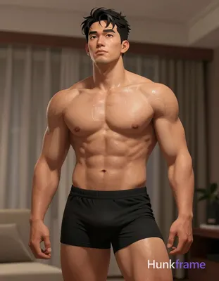 Polished anime 2.5D next-gen character render of Asian adult man shirtless with broad shoulders and