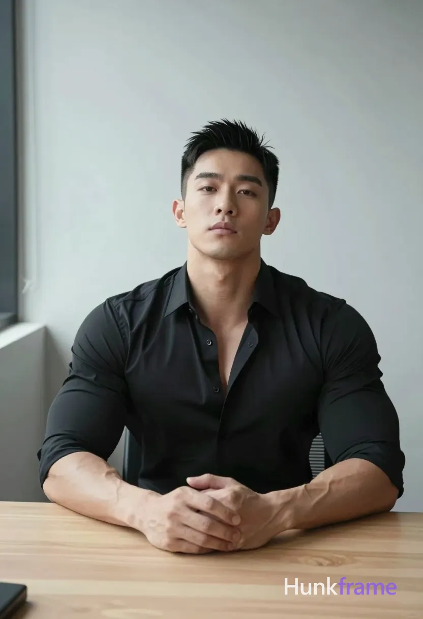 Asian man with short black styled upward hair and clean-shaven face, seated at a light wood desk in an indoor office. He wears a black long-sleeve button-up shirt unbuttoned at the top revealing upper chest and collarbone area. Torso angled toward camera with head tilted back slightly, arms resting on surface, hands clasped or interlaced in front of chest. Waist-up portrait centered composition showing broad shoulders, defined pectorals, visible abdominal definition. Soft directional key from left side creates high contrast lighting against a plain light gray wall and window edge. Athletic photography style emphasizing sculpted muscle anatomy., a single uninterrupted photograph only, no written words or typography anywhere in frame, no captions, no app UI, no social-media post layout, no screenshot borders