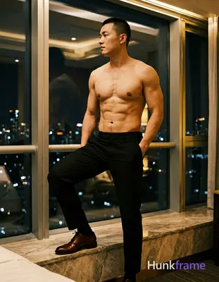 Adult man with short black buzz cut, clean-shaven face, neutral profile gaze leftward. Shirtless bar