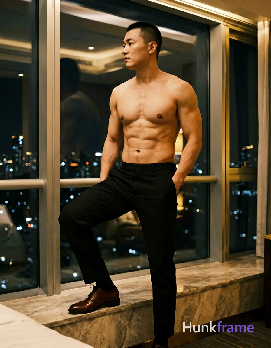 Adult man with short black buzz cut, clean-shaven face, neutral profile gaze leftward. Shirtless bare chest and abdomen revealing muscular shoulders and defined abs. Standing right foot on marble window sill ledge, left knee bent lifting thick thighs slightly off bed. Left hand in front trouser pocket, right arm relaxed by side. Wearing black tailored trousers, brown leather lace-up dress shoes, black socks. Vertical portrait crop head to mid-thighs with lower legs cropped at bottom edge. Hotel room interior night setting with floor-to-ceiling windows showing city skyline lights. Warm directional overhead lighting and soft fill from window area creating high-contrast chiaroscuro. Shallow depth of field sharp focus on subject emphasizing silhouette form against dark interior gold accents., wearing underwear or swim trunks, covered genitals, no frontal nudity, a single uninterrupted photograph only, no written words or typography anywhere in frame, no captions, no app UI, no social-media post layout, no screenshot borders