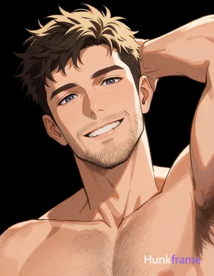Polished adult Caucasian man rendered in high-quality 2.5D next-gen anime style against solid black 