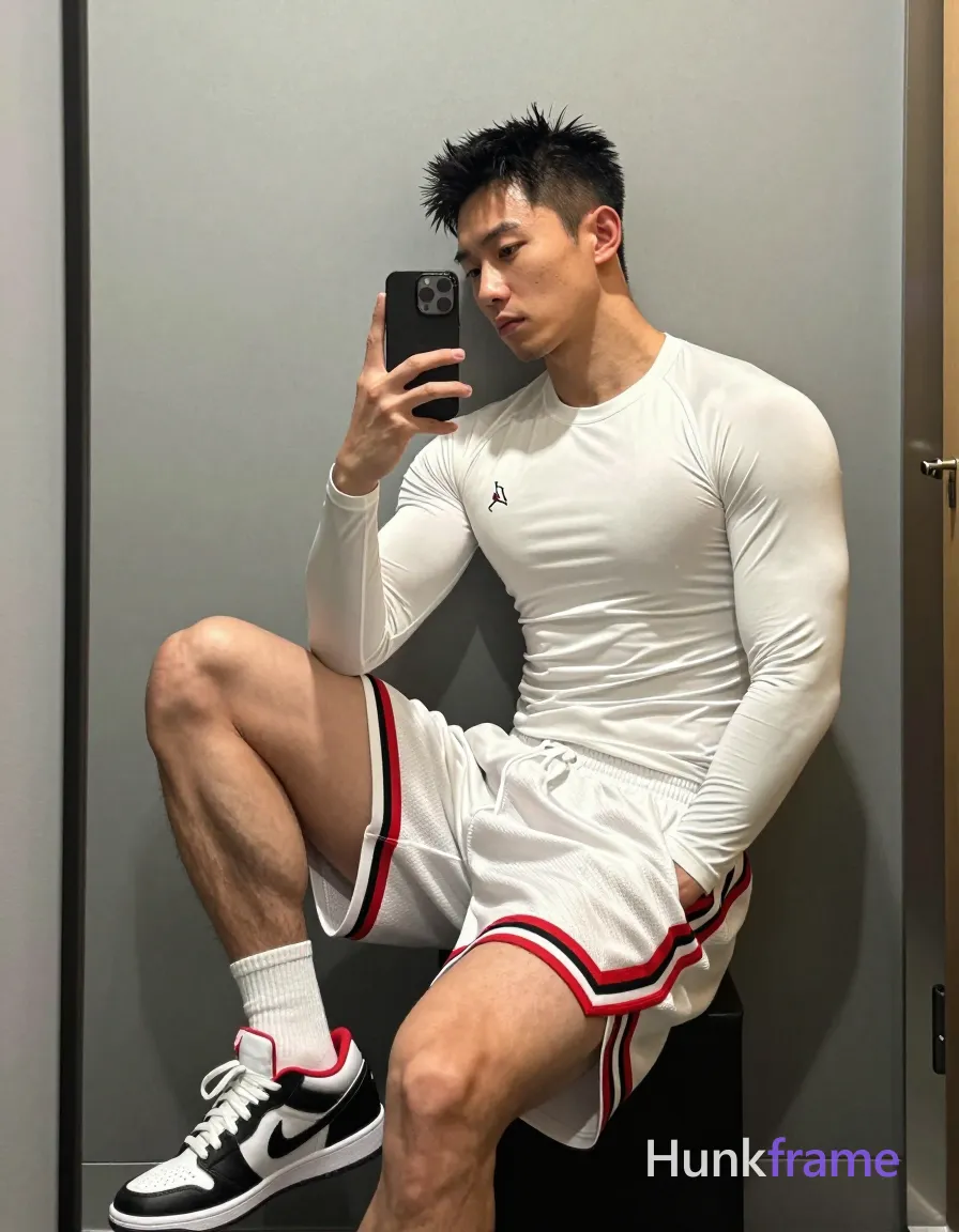 Asian man with light-medium skin and short black textured spiky hair, clean-shaven face in mirror selfie pose seated sideways against gray wall; He wears a white long-sleeve compression shirt with small chest logo and white basketball shorts featuring red/black Jumpman trim on thigh; Left knee raised flexing sole of shoe, right leg extended forward; torso leans slightly toward camera holding black smartphone in right hand; Full-body shot 13:19 portrait orientation capturing head to feet within narrow elevator or locker room space with metallic door frame visible; Soft ambient indoor lighting highlights lean build and fabric textures against minimalist gray backdrop for premium fashion editorial aesthetic, shot on iPhone 15 Pro main camera, authentic smartphone computational photography, natural Smart HDR, vertical 9:16 Xiaohongshu lifestyle post, bright clean gym or cafe scene, wardrobe matching reference outfit, confident everyday blogger pose, phone photo with natural grain, phone held naturally in one hand for selfie, phone visible in frame; single clean uninterrupted photograph with a cohesive editorial composition and plain continuous surrounding surfaces