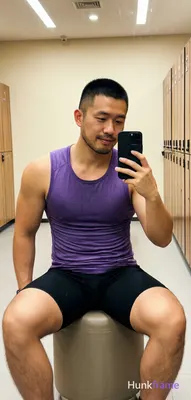 Asian man with short black buzz cut and light stubble sits on a cylindrical ottoman in a gym locker 