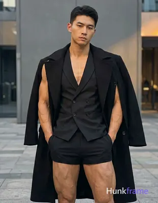 A handsome Asian man standing with hands in pockets and torso slightly leaned forward. He is shirtle