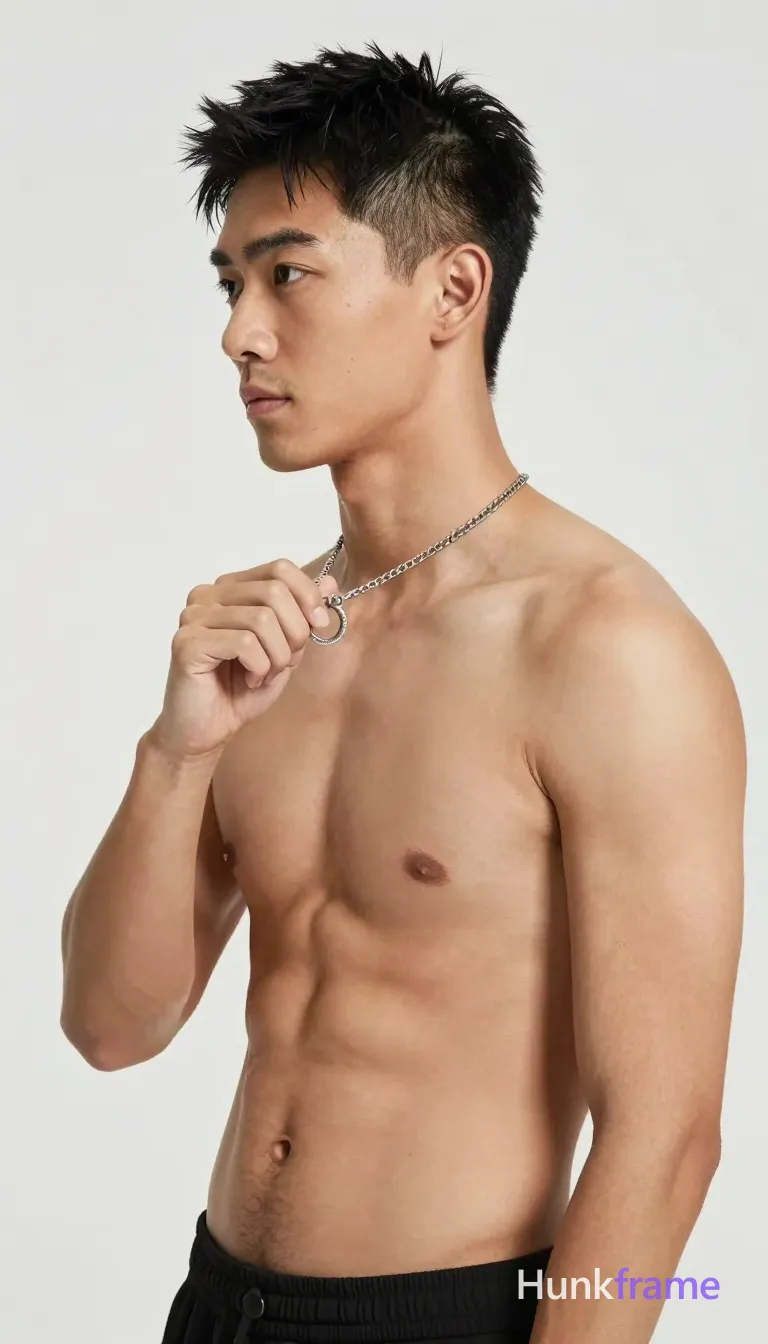 Asian man with light to medium tan skin and short textured black hair featuring a tapered fade, clean-shaven face in profile facing left; He stands upright holding a silver chain necklace with circular pendant near his neck using right hand fingers; Shirtless torso reveals broad shoulders, defined pectorals, visible abs, toned arms against seamless white studio background; Softbox-style lighting provides even frontal illumination on bare chest and abdomen; High-key fine-art editorial aesthetic portrait cropped from mid-thigh up; single clean uninterrupted photograph with a cohesive editorial composition and plain continuous surrounding surfaces