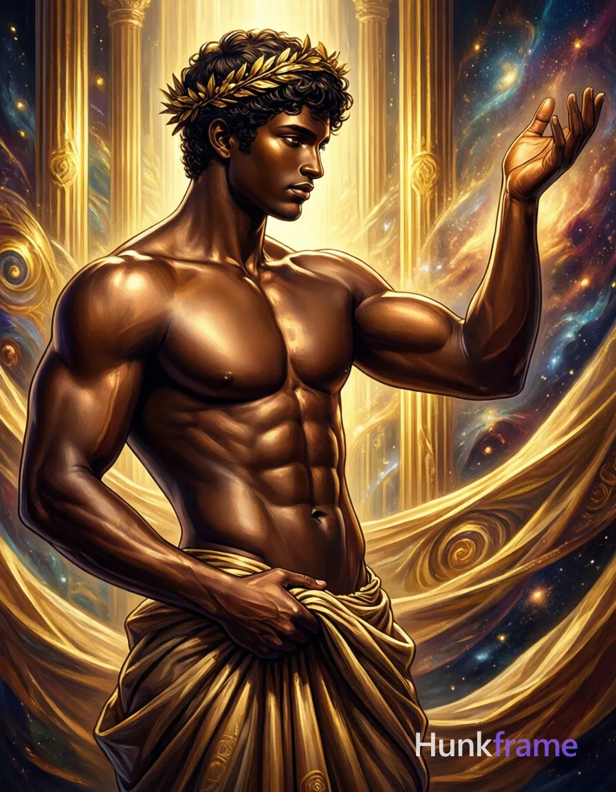 Polished anime rendering of a bronze-skinned man with short dark curly hair and wreath accessory in contrapposto stance. He stands shirtless holding draped fabric near hip, left arm extended upward open-palmed against an abstract background with vertical golden columns and swirling cosmic patterns. High-contrast chiaroscuro lighting sculpts his defined abs and broad shoulders from head to mid-thighs in a painterly 2.5D style., a single uninterrupted photograph only, no written words or typography anywhere in frame, no captions, no app UI, no social-media post layout, no screenshot borders