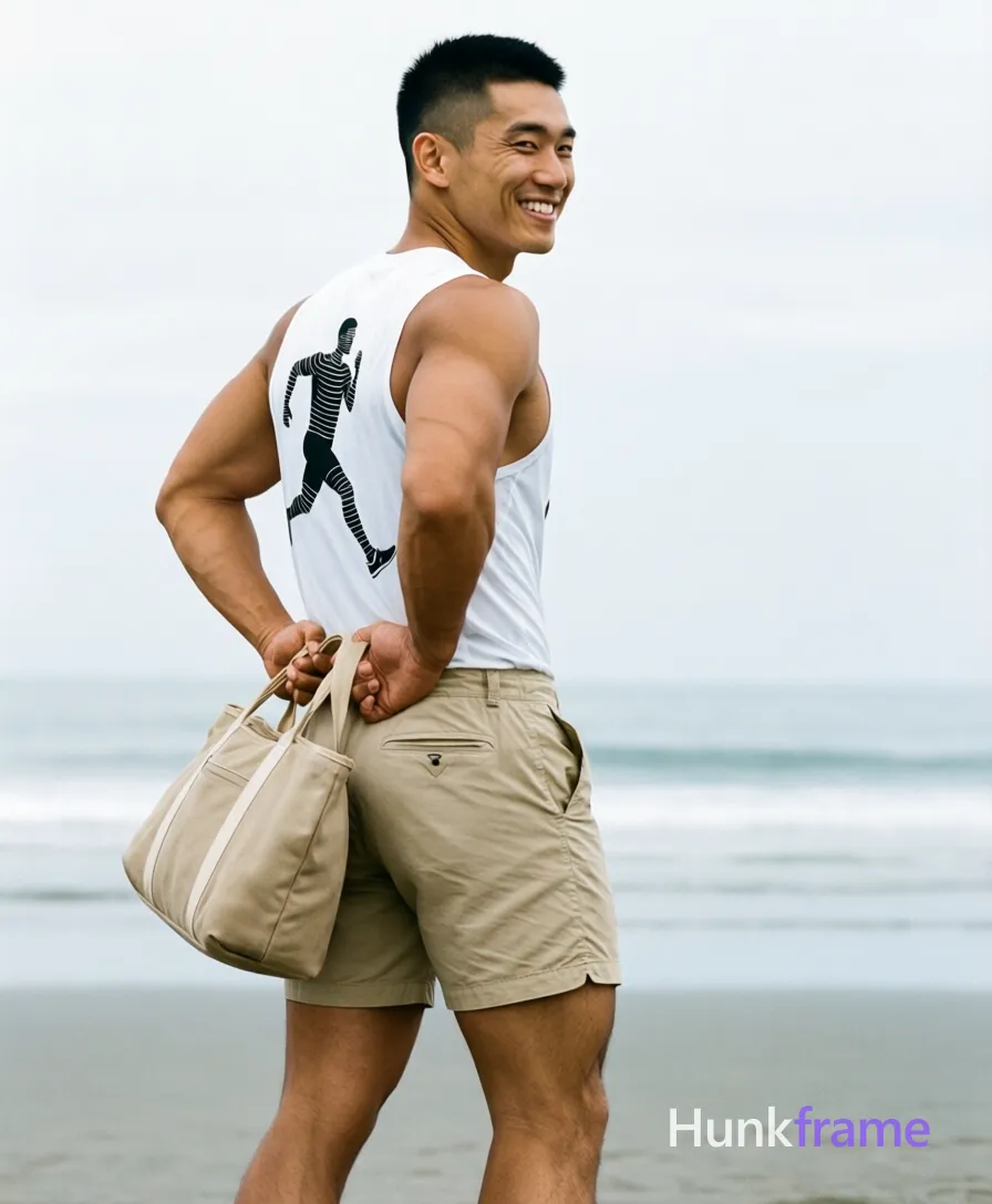 Full-body fashion editorial portrait of an Asian man with light-medium tan skin and a short black buzz cut featuring clean fade lines at the nape; He stands sideways to camera, torso turned slightly right while head rotates back to smile broadly over his left shoulder toward viewer; Hands behind hips gripping beige tote bag straps tightly against broad shoulders defined by dense deltoids and triceps; abdominal definition visible through white sleeveless athletic tank top with black running-figure graphic print on back; Beige khaki shorts end mid-thigh showing thick leg musculature under soft diffused daylight overcast sky at beach setting; Vertical 13:19 aspect ratio, centered composition from head to upper thighs, naturalistic photography style capturing confident relaxed mood, same aesthetic theme and photo feel as the reference but a different man in a different pose with distinct body proportions, Japanese man, soft masculine features, straight black hair, slim dancer build; single clean uninterrupted photograph with a cohesive editorial composition and plain continuous surrounding surfaces