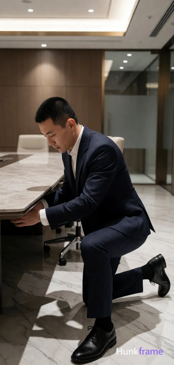 Asian man kneeling beside a large conference table, leaning forward to reach under the marble-topped desk; He wears a dark navy pinstripe single-breasted suit jacket and matching trousers over a white collared shirt with visible cuffs at wrists; Black dress socks and black leather oxford-style shoes cover his feet; lower legs are fully exposed due to kneeling posture; Lean build, short buzz cut black hair, clean-shaven face, focused expression looking downward; Modern high-end office conference room with marble flooring, wood-paneled walls, recessed lighting, glass partitions; Soft ambient overhead lights cast dramatic shadows against the light floor and dark suit; Muscle bear aesthetic featuring rugged warm confidence and broad shoulders within a formal corporate environment, vertical portrait orientation capturing full body from head to toe; single clean uninterrupted photograph with a cohesive editorial composition and plain continuous surrounding surfaces