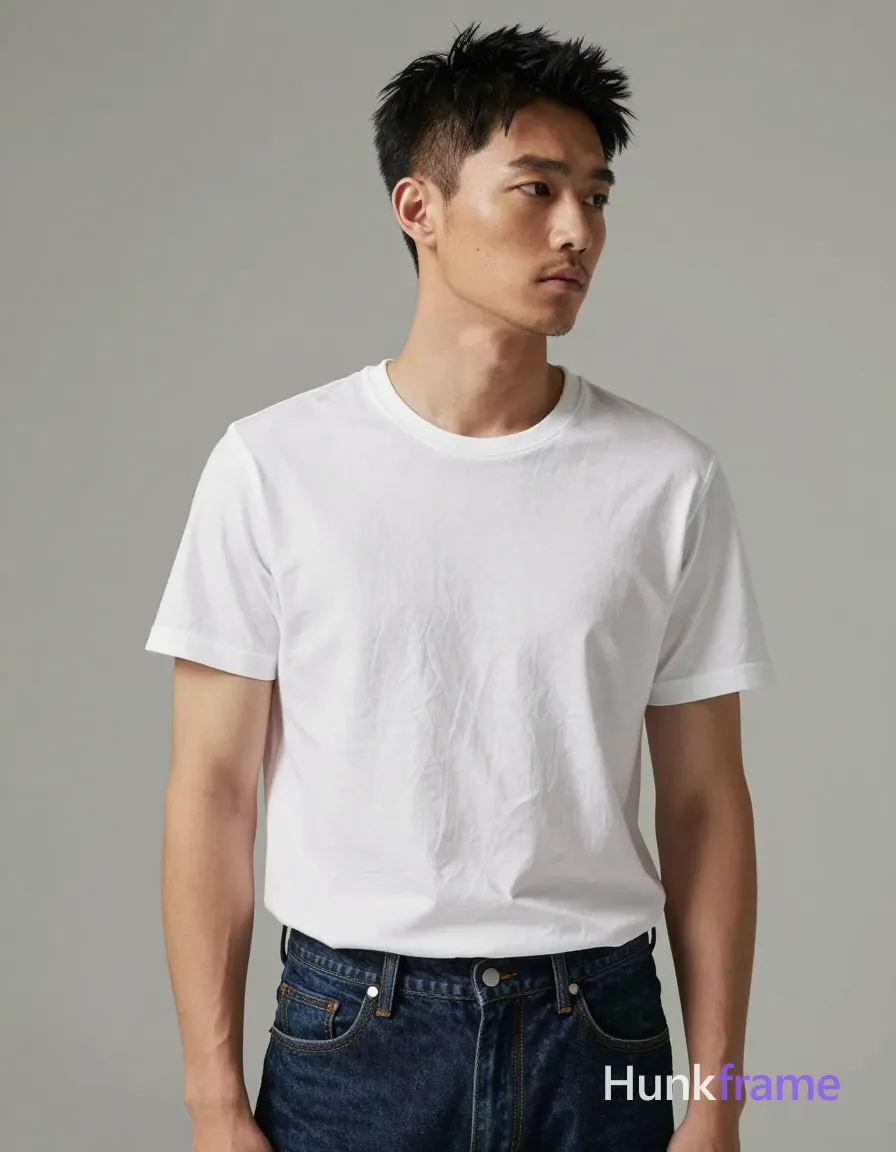 Asian man with light-medium skin and short dark black hair featuring a textured top swept upward, faded undercut sides, clean neckline at nape; Clean-shaven chin and upper lip with light stubble on jawline and neck; neutral contemplative gaze directed off-camera to the right; Standing in three-quarter profile facing slightly right, head turned further right looking away from camera; Left arm relaxed at side, right hand partially obscured near hip or pocket area; Wearing plain white crew-neck t-shirt with short sleeves showing slight wrinkling across chest and abdomen indicating fit; dark indigo denim jeans with visible front fly seam and waistband at natural waistline; Arms exposed from shoulder to wrist; neck and collarbone above neckline fully clothed torso; Waist-up portrait shot centered horizontally, head near upper third line extending down to waistline of jeans against plain neutral wall filling background; High-resolution fashion editorial photography with sharp focus on face and upper body, soft directional key light from front-left creating subtle shadows, even fill lighting minimizing harsh contrasts; single clean uninterrupted photograph with a cohesive editorial composition and plain continuous surrounding surfaces