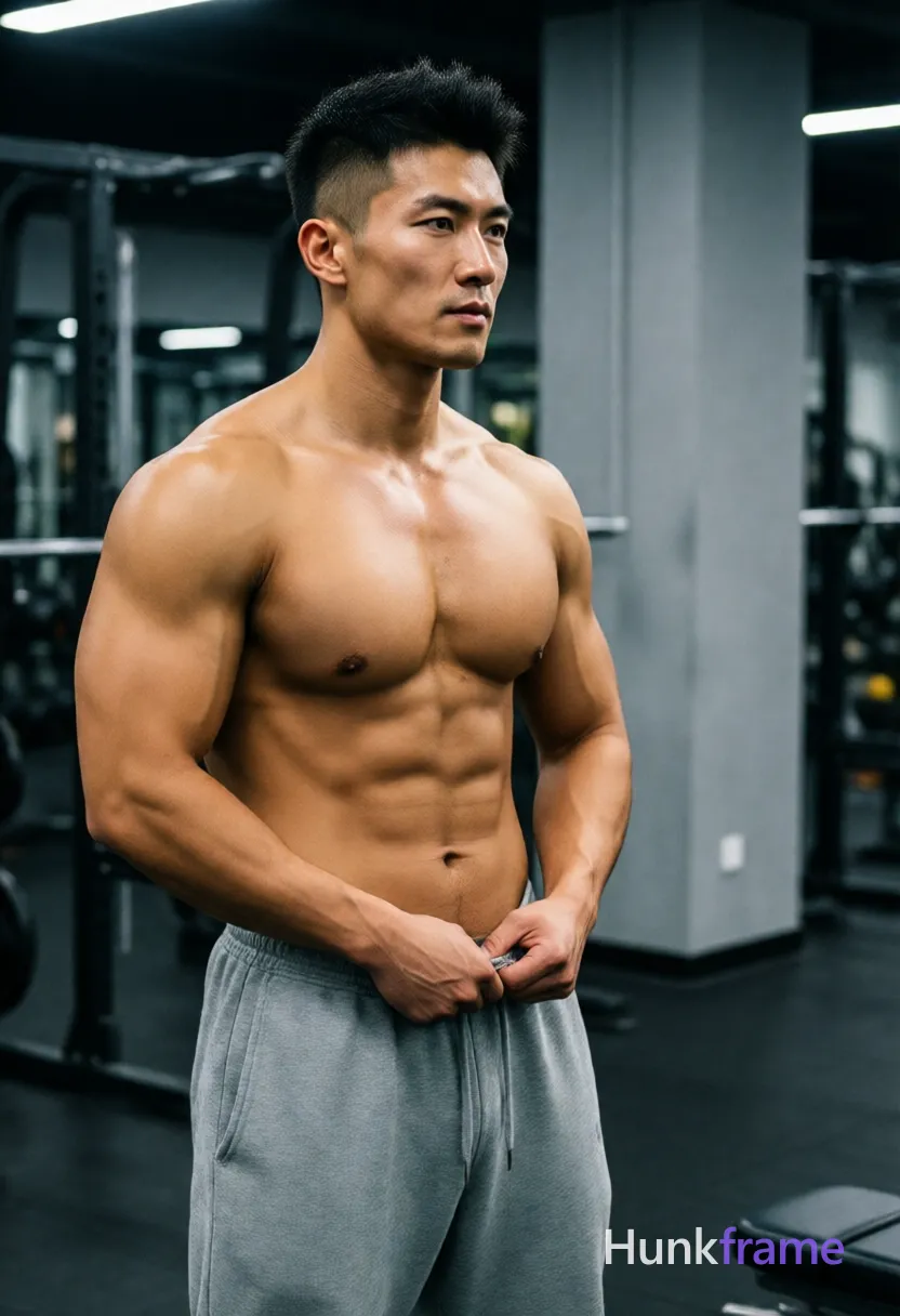 Photograph of exactly 1 adult man. Man 1: Asian, light tan, square jawline with defined cheekbones and a straight nose bridge, short, spiky black hair with faded sides (undercut style), small mole above left nipple. Man 1 has fully exposed eyes, eyebrows, temples and nose bridge. Highly muscular Asian man with defined pectorals, abs. Pulling up grey sweatpants while standing facing slightly right. Shirtless adult wearing loose-fitting grey sweatpants pulled down at waist. Vertical portrait crop from head to upper thighs center-left frame. Indoor gym with dark flooring metal equipment frames, grey pillar. Bright overhead lighting creating strong highlights on shoulders chest muscles. Fine-art photography high-contrast shallow depth of field clean composition