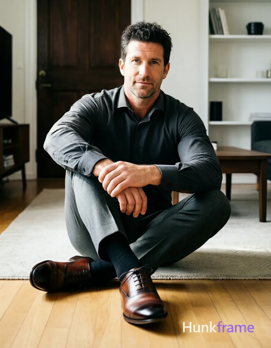 Adult man with medium-light skin and short dark textured hair seated cross-legged on light wood flooring He wears a buttoned charcoal long-sleeve dress shirt, tailored wool trousers, black mid-calf socks, and polished leather lace-up oxford shoes; Indoor residential setting with beige rug, dark wooden door in background, white shelving unit to right, low media console to left; Soft directional light from front-left casts gentle highlights on collar and shoulder; Vertical portrait composition 13:19 aspect ratio, floor-to-ceiling framing capturing knees up including head partially cropped at top by graphic overlay; Clean lines, minimal cluttered background emphasizing attire and posture with composed athletic mood; FULL TEXT REPLACEMENT: remove every original source word, sentence, slogan, logo, and partial spelling from the text-bearing area, then replace it with only the wordmark, spelled exactly "hunkframe" in the original compositional text position; This is replacement; Preserve appropriate typography and scale; No other visible text, logo, caption, username, hashtag, comment, watermark, or UI chrome, same aesthetic theme and photo feel as the reference; single clean uninterrupted photograph with a cohesive editorial composition and plain continuous surrounding surfaces
