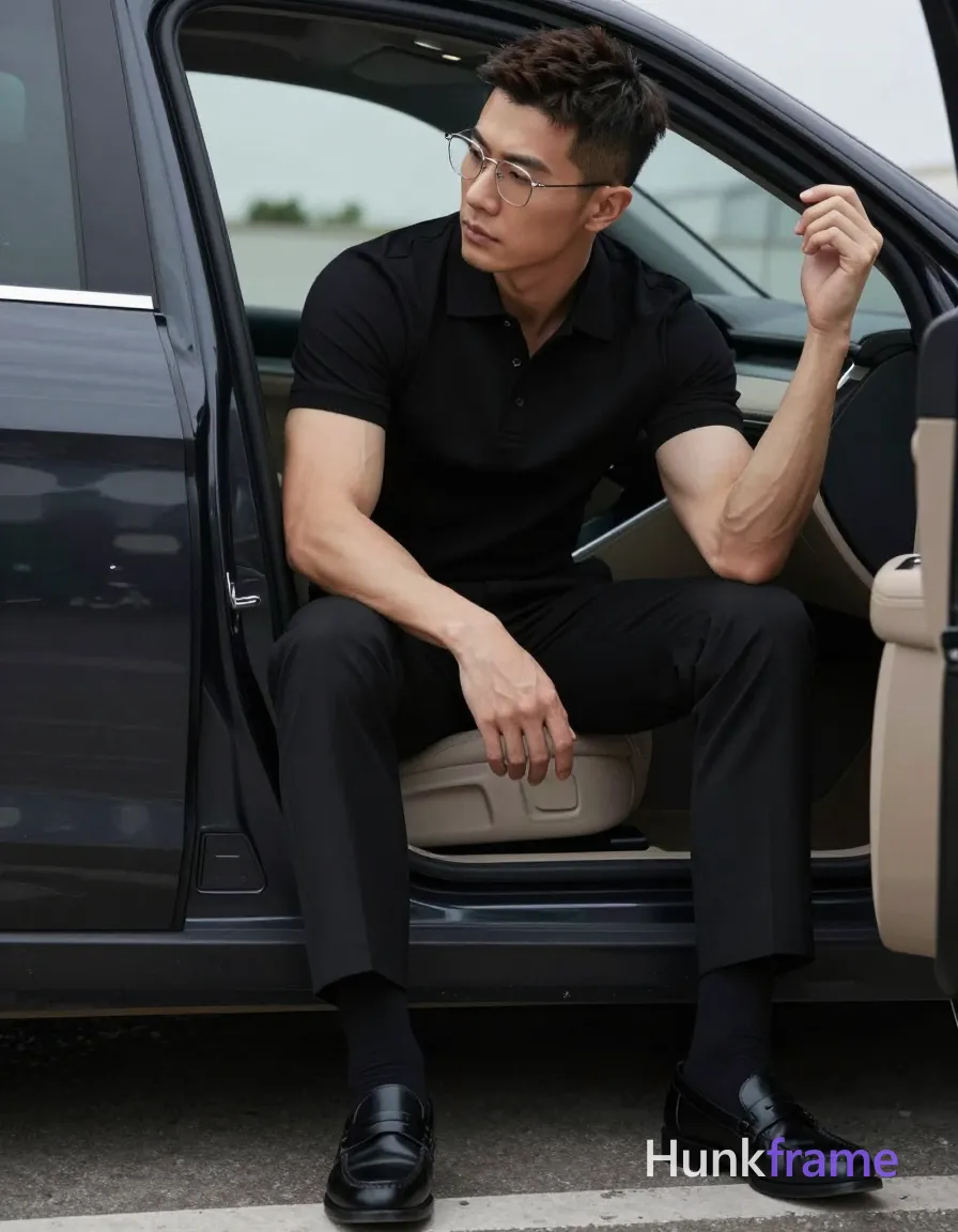 Asian man with short textured dark brown crop hair and side parting, wearing thin metal rimmed glasses with clear lenses; He is seated in a vehicle driver's seat leaning back against the interior panel, right arm resting on thigh, left hand gripping door frame or headrest area; Wearing black short-sleeve polo shirt collar visible, black tailored trousers, black socks, and black leather loafers; Broad shoulders, defined biceps, thick thighs fully clothed adult; Full-body shot from waist up to head including car interior and exterior ground plane center-right with open door framing left side of image; Outdoor parking area or driveway under overcast sky soft diffused daylight cool ambient tone muted palette of black dark gray tan leather accents fine-art photography high-fashion aesthetic sculpted lighting on musculature sophisticated calm premium fashion editorial mood vertical portrait orientation 13:19 aspect ratio tasteful suggestive teasing pose confident masculine man The adult man visibly wears thin metal rimmed glasses with clear lenses and minimal frame thickness on his face; preserve the; single clean uninterrupted photograph with a cohesive editorial composition and plain continuous surrounding surfaces