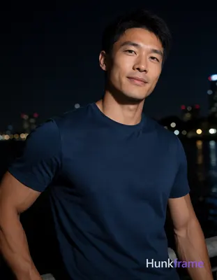 Asian man with athletic build and defined shoulders in a dark blue short-sleeve 