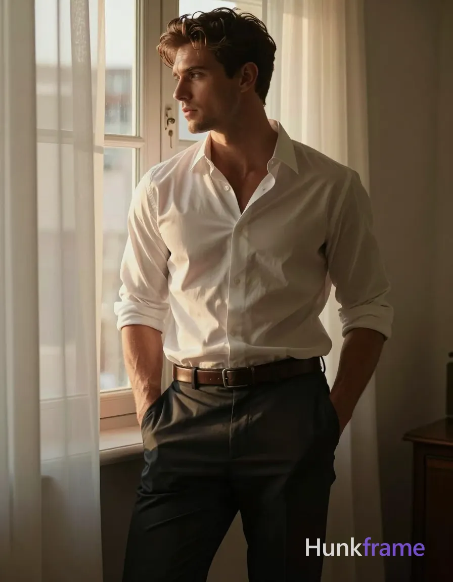 Photorealistic romantic fine art photograph of a handsome masculine man leaning against a window with hands in pockets. He is dressed in a partially unbuttoned white button-up shirt, dark pants, and a brown belt. The setting is indoors near a window with sheer curtains filtering soft golden hour light. His thick muscular thighs are prominently featured. Warm, muted color palette emphasizing skin tone and clothing. Serene and contemplative mood with dreamy ethereal quality. 2:3 aspect ratio vertical portrait orientation (832x1216 canvas). No other people visible in the image