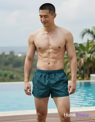 Asian adult man with short black buzz cut and clean-shaven face, smiling gently while looking downwa