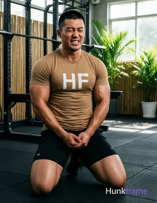 Asian man kneeling on black rubber gym floor, torso upright and slightly arched back with hands clas