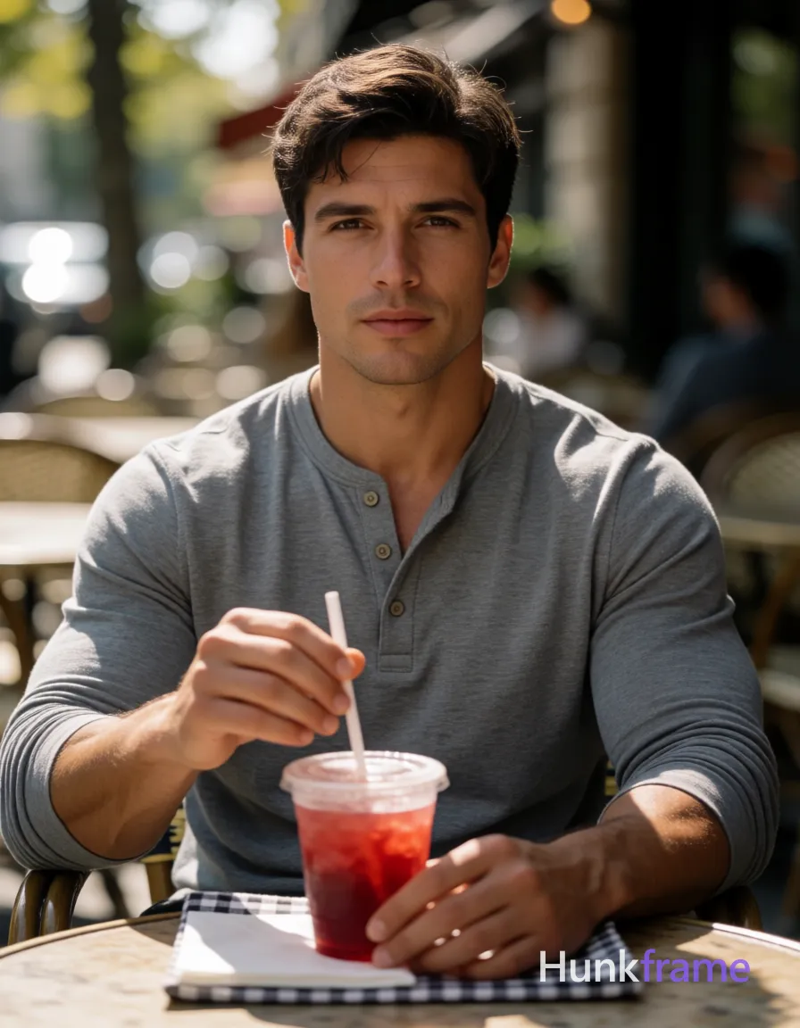 Heavily muscular adult man with substantial muscle mass, wide shoulders, thick neck, large chest and arms, powerful thighs, and dense bodybuilding proportions; an anonymous figure man with light-medium skin, short textured dark brown hair side-parted, clean-shaven chin and upper lip with faint jawline stubble; Seated upright at outdoor café table in grey long-sleeve henley shirt with three-button placket, holding white plastic straw right hand, napkin left near red beverage on checkered cloth; Shallow depth of field bokeh background showing blurred café seating and foliage; Natural sunlight casting soft shadows, high-resolution fashion editorial quality, calm casual elegance mood; FULL GARMENT TEXT REPLACEMENT: remove every source garment word, sentence, slogan, logo, and partial brand spelling from every existing print area, then replace those source marks with only the wordmark, spelled exactly "HF"; This is replacement, Repeated "HF" marks are allowed only where the source garment already had printed text; preserve appropriate placement, typography, color, and scale, logo, caption, username, hashtag, comment, watermark, or UI; single clean uninterrupted photograph with a cohesive editorial composition and plain continuous surrounding surfaces