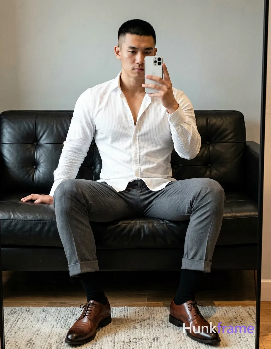 Asian man seated on dark leather sofa, legs spread knees bent taking mirror selfie with white smartphone at chest level. White long-sleeve button-up shirt subtle vertical stripes top two buttons undone revealing upper chest and collarbone artistic partial nude adult. Grey tailored trousers cuffed slightly above ankle black dress socks pulled up to mid-calf brown cap-toe oxford shoes visible on light-colored rug below. Broad shoulders defined pectorals toned arms short black buzz cut straight texture high forehead clean hairline clean-shaven neutral direct gaze at phone camera in mirror reflection left hand resting behind back near hip right arm raised holding smartphone. Indoor room featuring dark leather tufted sofa against light grey wall wooden floor partially covered by textured rug vertical mirror frame visible along right edge of image soft ambient indoor lighting creating gentle shadows on face and clothing folds white grey brown black palette polished confident stylish mood clean lines minimalist composition fine-art photography dramatic directional light defined anatomy confident strength athletic gym photography handsome masculine man muscular build 13:19 aspect ratio vertical portrait orientation, wearing underwear or swim trunks, covered genitals, no frontal nudity, a single uninterrupted photograph only, no written words or typography anywhere in frame, no captions, no app UI, no social-media post layout, no screenshot borders
