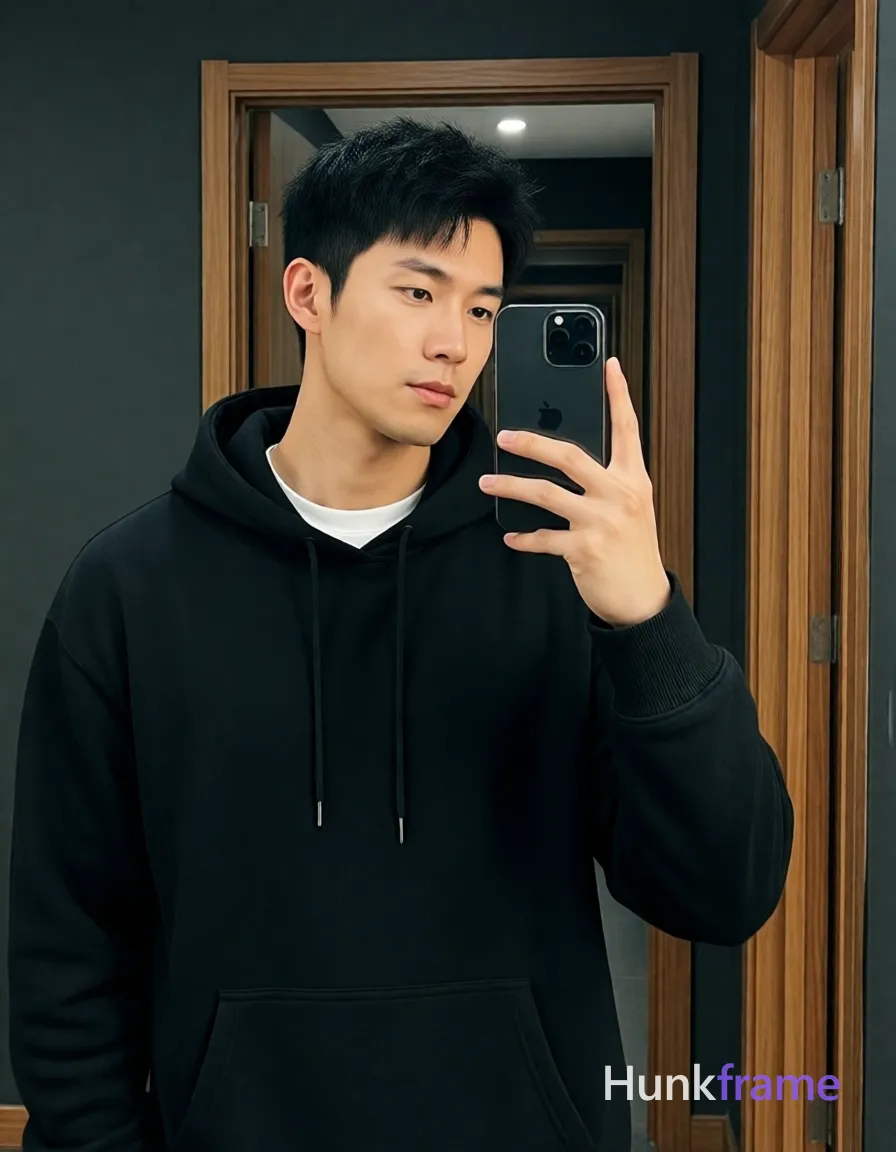 an anonymous figure man with short textured black hair and clean-shaven face, wearing a black oversized hoodie over a white crew-neck t-shirt; Standing upright facing slightly right in an indoor room with dark walls and wooden door frames, holding a black Apple smartphone up to capture a mirror reflection; Soft directional light from front-left illuminates the lean build and fabric texture of the ribbed cuffs; Clean composition focused on facial features and upper body within a chest-up portrait crop, shot on iPhone 15 Pro main camera, authentic smartphone computational photography, natural Smart HDR, vertical 9:16 Xiaohongshu lifestyle post, bright clean gym or cafe scene, wardrobe matching reference outfit, confident everyday blogger pose, phone photo with natural grain, phone held naturally in one hand for selfie, phone visible in frame; single clean uninterrupted photograph with a cohesive editorial composition and plain continuous surrounding surfaces