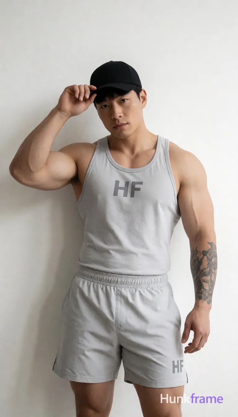 Heavily muscular adult man with substantial muscle mass, wide shoulders, thick neck, large chest and arms, powerful thighs, and dense bodybuilding proportions; Asian man with short black straight hair and high forehead, clean-shaven face, neutral direct gaze standing against a plain white wall; He leans slightly left shoulder forward while right hand adjusts brim of low-sitting black an anonymous figure cap; left arm relaxed by side exposing muscular biceps, triceps, vascularity, large black tribal forearm tattoo, light leg hair; Wearing light grey fitted tank top with 'HF' text across chest and matching athletic shorts with elastic waistband and logo on left thigh; Full body shot mid-thigh up centered vertically horizontally; Soft directional front-left lighting creates subtle shadows highlighting muscle definition without harsh contrast; Clean lines high-key fashion editorial aesthetic focusing on physique branding details vertical portrait orientation; FULL GARMENT TEXT REPLACEMENT: remove every source garment word, sentence, slogan, logo, and partial brand spelling from every existing print area, then replace those source marks with only the; single clean uninterrupted photograph with a cohesive editorial composition and plain continuous surrounding surfaces